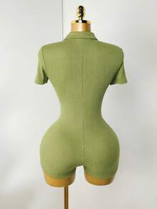 Mistrie Women's Solid Color Half-Zip Casual Short Sleeve Jumpsuit - Green - View 2