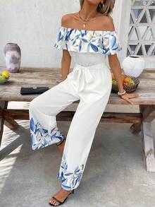 SHEIN Clasi Bộ jumpsuit nữ kiểu dáng thường ngày, in hoa, trễ vai, thích hợp cho kỳ nghỉ. - Màu be - Xem 3