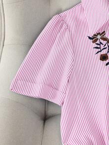 Franclia Mono corto casual de rayas azules con cintura ceñida, mangas cortas, cuello de solapa y bordado elegante minimalista francés para mujer, primavera/verano - Rosa - Ver 4