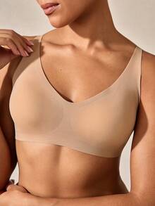 Veilyse 1pc Wireless Seamless Solid Color Comfortable Wide Strap Ladies Brafor Summerfor Summer - Apricot - View 6