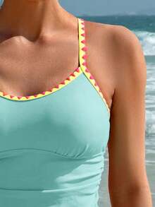 Swim Lushoire Conjunto de tankini de verano para mujer con ribete de contraste - Azul menta - Ver 3