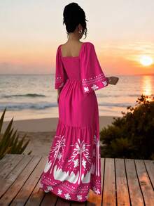 Mulvari Women's Vacation Ruffle Sleeve Fashionable Placement Print Dress - Hot Pink - View 2