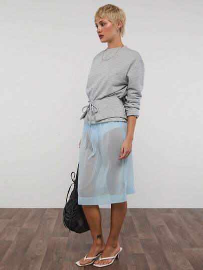 COUREZ Chân váy midi cạp thấp, chất liệu voan mỏng, thắt eo / Trang phục mùa hè Y2K cho nữ, chân váy dài, chân váy xanh, trang phục đi chơi, trang phục lễ hội âm nhạc, trang phục hòa nhạc, chân váy mùa hè, trang phục mùa hè cho nữ