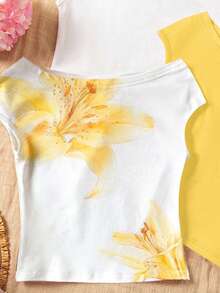 Sparklyn 3pcs/Set Tween Girl Vacation Snug Fit Off-Shoulder Multicolor T-Shirts - Yellow - View 4