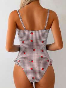 SHEIN Swim 女士连体可爱草莓印花蝴蝶结前摆荷叶边休闲度假连体泳衣，蓝色格子 - 彩色 - 查看 2