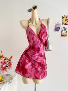 SHEIN WYWH Women's Tie-Dye Print Sexy Halter Mini Dress, Vacation,Summer Dresses For Women - Multicolor - View 4