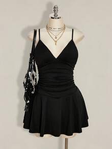 SHEIN ICON 大码女士性感纯色V领吊带连衣裙，夏季 - 黑色 - 查看 3
