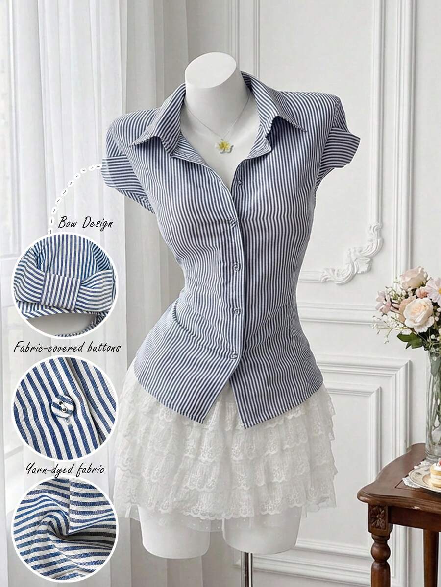 Sweetra Plus Size Striped Fashionable Versatile Short Sleeve Fitted Blouse - Blue and White - View 1