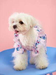 PETSIN 1件早春玫瑰花白色卷边印花宠物裙，轻柔透气，度假风宠物服装 - 彩色 - 查看 14