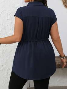 Vionelle Kemeja Wanita Ukuran Besar untuk Musim Panas, Kasual/Kantor, Kancing Tersembunyi, Tali Serut di Pinggang, Dekorasi Dasi Kupu-kupu, Biru Tua - Navy Blue - View 2