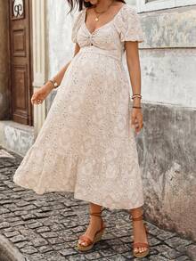 Boho Mama Đầm bầu kiểu dáng nghỉ hè, chất liệu jacquard lưới thêu, cổ tim, tay phồng, vạt trước xếp ly. - Màu Khaki - Xem 3