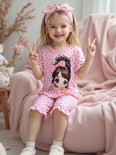 SHEIN 2pcs Young Girls Minimalist Cartoon & Polka Dot Pattern Round Neck Short Sleeve T-Shirt And Loose Casual Shorts Pajama Set, Graduation Pajamas
