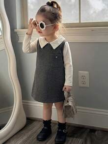 Hapijoa Toddler Girls' Korean Style Casual Round Neck Mid-Length Dress, Autumn/Winter - Grey - View 2