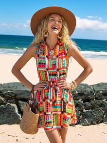 Sylviya Women's Sleeveless Vacation Floral Print Waist Tie Dress Summer Outfits For Women Summer Dress Summer Clothes Beach Outfit For Women Casual Dresses For Women Vacation Outfits Women Summer Holiday Outfits Vacation Dresses, Floral Dresses For Women Cruise Outfit For Women Bohemian Clothes For Women,Summer Dresses For Women - Multicolor - View 4