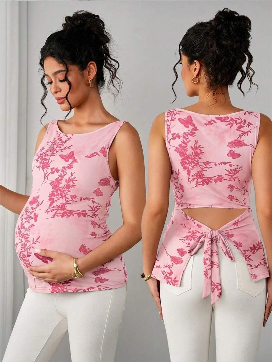 Momance Áo tank top bầu không tay ôm sát, in họa tiết, thanh lịch dành cho phụ nữ. - Hồng - Xem 1