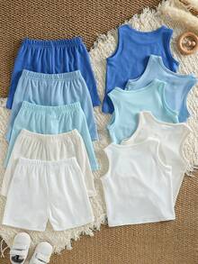 SHEIN Vintaside Kids 10件裝嬰幼兒男/女童夏季套裝 素色藍黑白灰背心上衣&寬鬆短褲 休閒親子套裝 適合幼兒/嬰兒 極簡風 - 彩色 - 查看 2