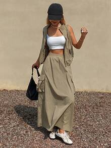 DAZY Damen Set aus einfarbiger locker sitzender ärmelloser Weste und A-Linien Cargo Maxirock, geeignet für Frühling/Sommer Sport & Urlaub - Khaki - Übersicht 1