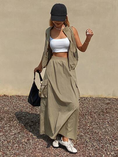 DAZY Women's Solid Color Loose Sleeveless Vest & A-Line Long Casual Cargo Skirt Two Pieces Set, Suitable For Spring/Summer Sports & Vacation
