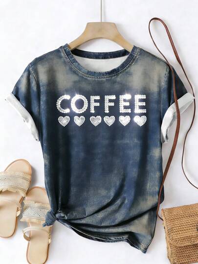 EMERY ROSE Camiseta de manga corta con cuello redondo para mujer de talla grande, con estampado de letra de amante del café con diamantes falsos y estampado de denim falso