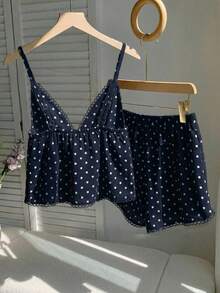 SHEIN EZwear 女士休闲藏蓝色波点两件套，包含波点印花吊带背心和长裤，适合春季、夏季、度假、居家、音乐节、返校季、休闲穿着。 - 彩色 - 查看 2