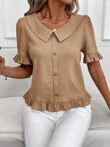 SHEIN Clasi 大码夏季休闲简约纯色纽扣装饰荷叶边下摆衬衫 - 駝色 - 查看 1
