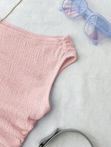 少女白色针织休闲简约波点印花不对称褶皱短款上衣，适合春夏穿着，休闲百搭，个性风格，日常穿着，可爱上衣 - 粉色 - 查看 4