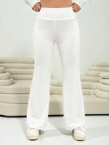 Solflare White Knit High-Waisted Flare Pants For Women - White - View 1