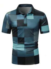 Manfinity Mode Áo Polo nam dáng casual, phối màu tương phản, cài cúc nửa thân - Màu xanh lam - Xem 3