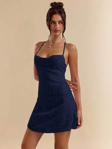 SHEIN BAE Đầm mini dáng chữ A màu hồng trơn ôm sát, hở lưng, buộc dây, chất liệu vải dệt họa tiết, dành cho nữ, thích hợp cho mùa xuân/hè. - Màu xanh hải quân - Xem 5