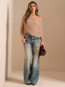 SHEIN BAE Áo liền thân dáng suông, xếp ly, trễ vai, màu nâu/cà phê trơn, kiểu dáng thanh lịch, thích hợp cho mùa Thu/Đông. Áo liền thân ôm sát, duyên dáng, kiểu dáng rủ. - Màu Khaki - Xem 5