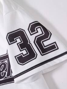 ROMWE MEN Street Life 青少年校园风短袖衬衫，撞色滚边字母印花，校服 - 黑與白 - 查看 3