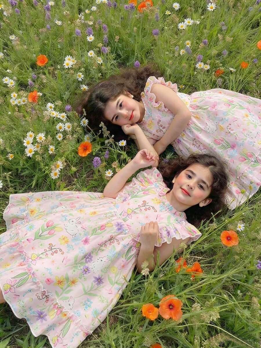 SHEIN Playful Pals 少女淡粉色仙女夏日洋裝，兔子印花雪紡荷葉袖公主裙，適合生日拍照、派對、上學、日常穿著