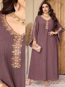 Al Najma Đầm maxi Thổ Nhĩ Kỳ thêu thanh lịch dành cho nữ cỡ lớn và áo abaya truyền thống Ả Rập. - Bụi hồng - Xem 3