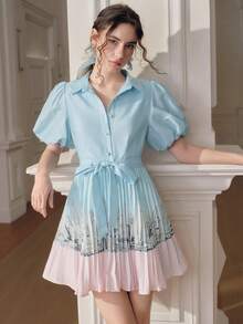 Anewsta Vestido camisa de botones con cintura ceñida, nuevo para primavera/verano. Vestido azul plisado con mangas de pétalo y silueta evasé - Multicolor - Ver 5