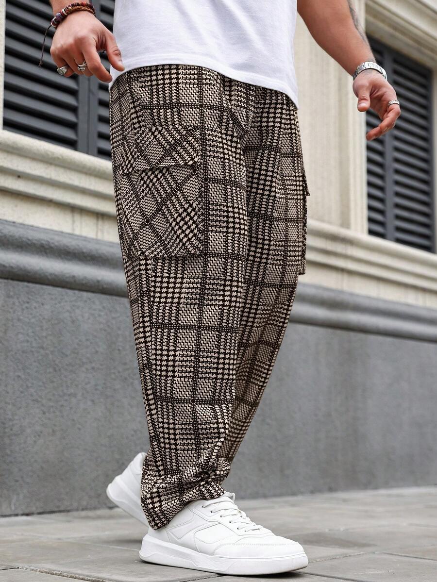 Manfinity Homme Plus Size Men's Fashionable Plaid Print Straight Leg Pants - Khaki - View 1