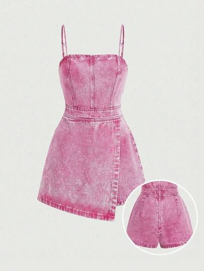 SHEIN Tween Girls Pink Washed Solid Color Cross-Wrapped Asymmetric Hem Spaghetti Strap Denim Jumpsuit,Cute & Sweet Fashion For Everyday Wear, School, Weekends, Back To School Season, Vacation,Summer Boho Beach Concert Rave Festival, Summer Cute Shorts, Summer Holidays,Spring,Beach For Girl, Vacation Casual Girl, Valentine Day,Suitable For Spring And Summer,Season Vintage/Beach/Sea/Elegant Graduation,Casual,Summer Holiday,Spring,Beach