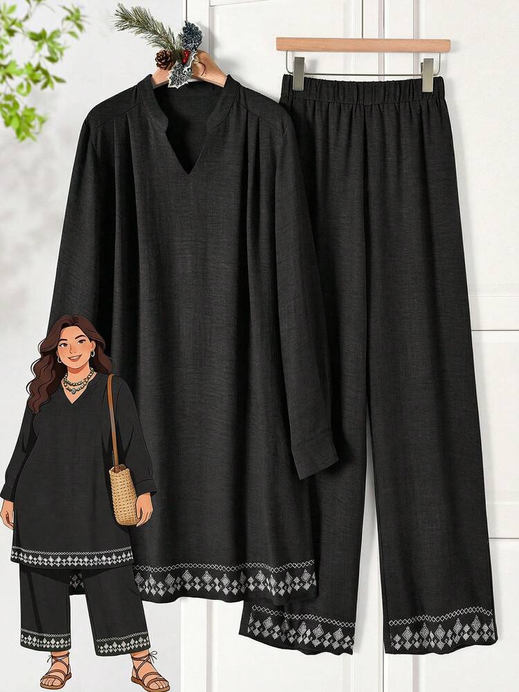 Plus Size Elegant Notched Neck Long Sleeve Loose Top And Pants 2 Pieces Set, Spring