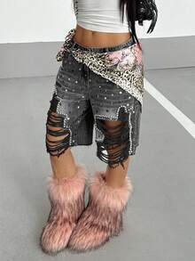 StreetHx Shorts vaqueros con strass desgastados estilo Y2K - Gris - Ver 6