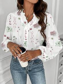EMERY ROSE Women's Long Sleeve Floral Print Frill Trim Long Shirt - Multicolor - View 6