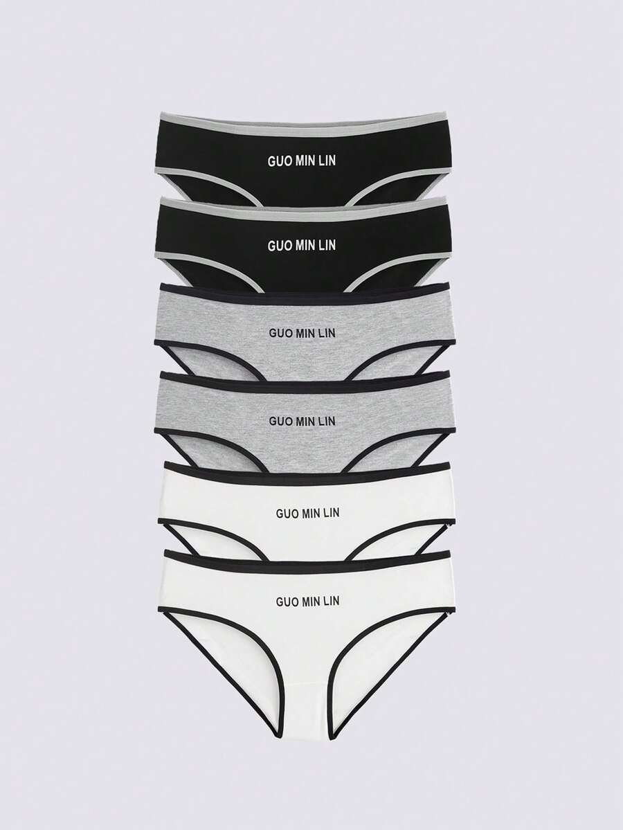 Loungeista 6pcs Simple Sports Mid-Waist Triangle Underwear With Letter Print - Black and White - View 1