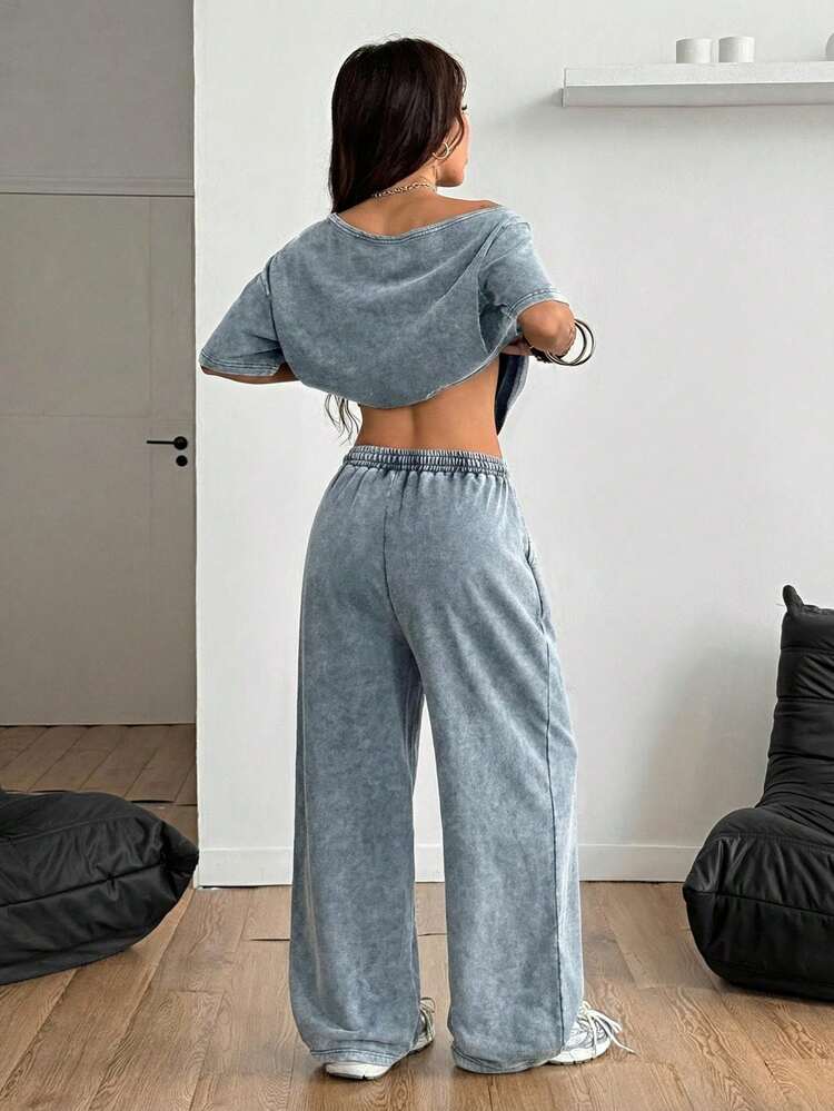 Coolane Conjunto de dos piezas de camiseta sin hombros y pantalones anchos de chándal, ropa básica de uso diario, cómoda y deportiva, para mujer en verano - Azul - Añade 6