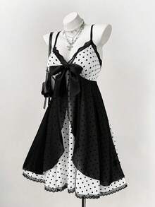Sunspun Plus Size Polka Dot Contrast Color Bow Tie Strap Dress, Spring/Summer - Black and White - View 4