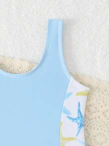 SHEIN Baju Renang Terusan dan Celana Pendek Motif Bintang Laut untuk Anak Perempuan, Pakaian Pantai Anak untuk Musim Panas, Pantai, Liburan, Pesta Kolam Renang, Baju Renang Tankini - Baby Blue - View 4