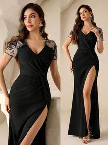Coutiva Elegant Formal Black Spring Party Dress,V-Neck Lace Short Sleeve Mesh Inset Evening Gown,High Slit Mermaid Fishtail Hem,Ruched Waist Cocktail Dress - Black - View 4