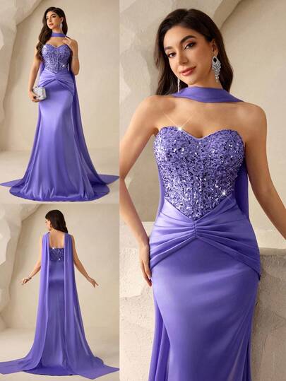 Coutiva Women's Sequin Patchwork Pleated Fishtail Hem Flowy Elegant Dress