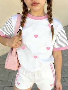 春夏少女休闲时尚创意个性清新简约粉色爱心白条纹夏季印花T恤短裤套装，舒适日常穿着 - 彩色 - 查看 1