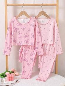 少女休闲简约修身睡衣套装，长袖上衣和长裤，适合夏季穿着 - 彩色 - 查看 1