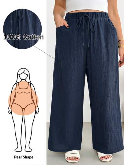 Shapeblank Plus-Size Women's Spring/Summer Fashionable Casual Loose Comfortable Everyday Basic Versatile Dark Blue Elastic Waist Wide-Leg Pants,Spring,Women Bottom,Holiday Women Wide Leg Pants Women Summer Pants Loose Pants For Women Wide Leg Summer Pants Spring/Summer Casual Vacation Holiday Pants Women Plus Size Wide Leg Pant Women Bottoms Summer Plus Size Bottoms