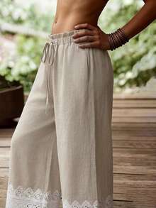 Balvessa 杏色亚麻质感蕾丝拼接腰部休闲女裤 - 杏色 - 查看 4