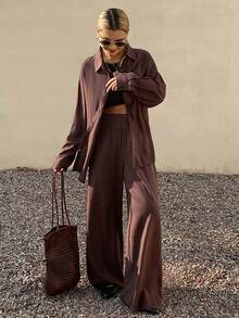 DAZY 通勤及办公，春夏西部风海滩度假纯色仿牛仔亚麻宽松简约两件套女装 - 咖啡棕 - 查看 4